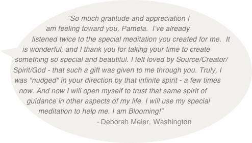 
“So much gratitude and appreciation I am feeling toward you, Pamela.  I’ve already listened twice to the special meditation you created for me.  It is wonderful, and I thank you for taking your time to create something so special and beautiful. I felt loved by Source/Creator/Spirit/God - that such a gift was given to me through you. Truly, I was "nudged" in your direction by that infinite spirit - a few times now. And now I will open myself to trust that same spirit of guidance in other aspects of my life. I will use my special meditation to help me. I am Blooming!”  
                    - Deborah Meier, Washington 
